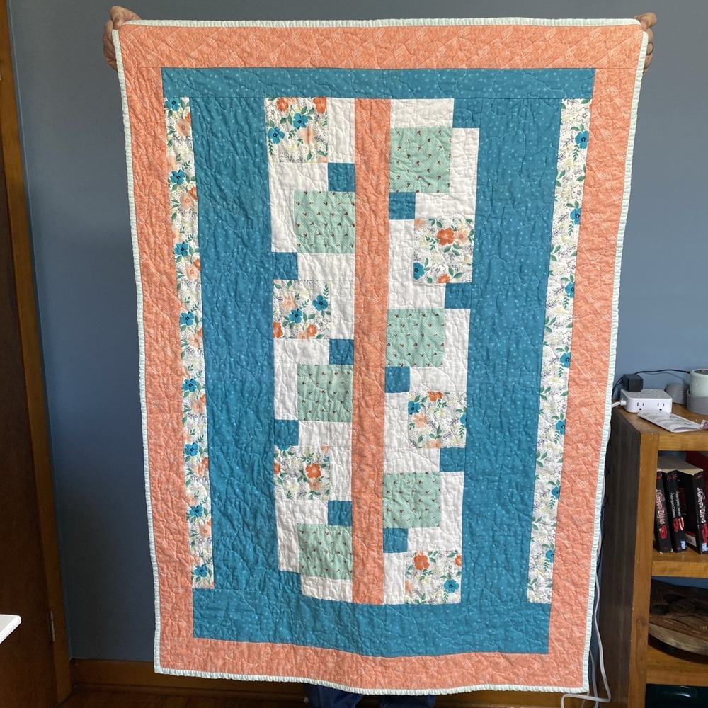 Handmade Floral Patchwork Lap Quilt Multicolor Cotton Hand Quilted 49x36 USA